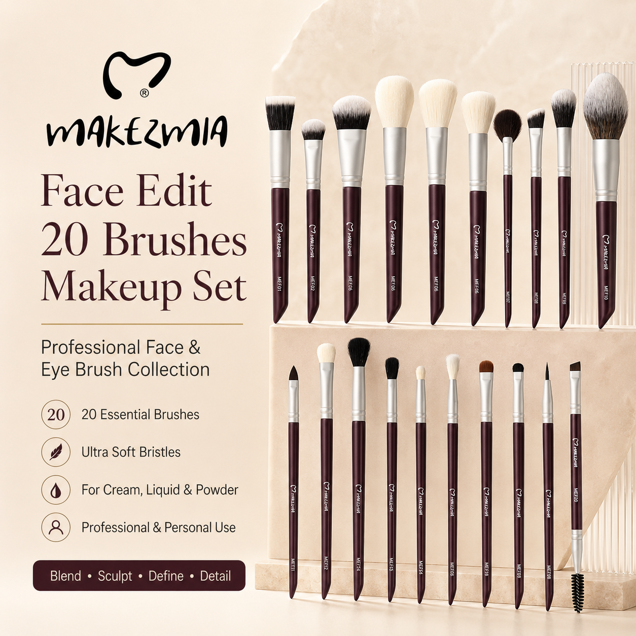 MAKEZMIA Face Edit 20 Brushes Makeup Set professional makeup brush collection