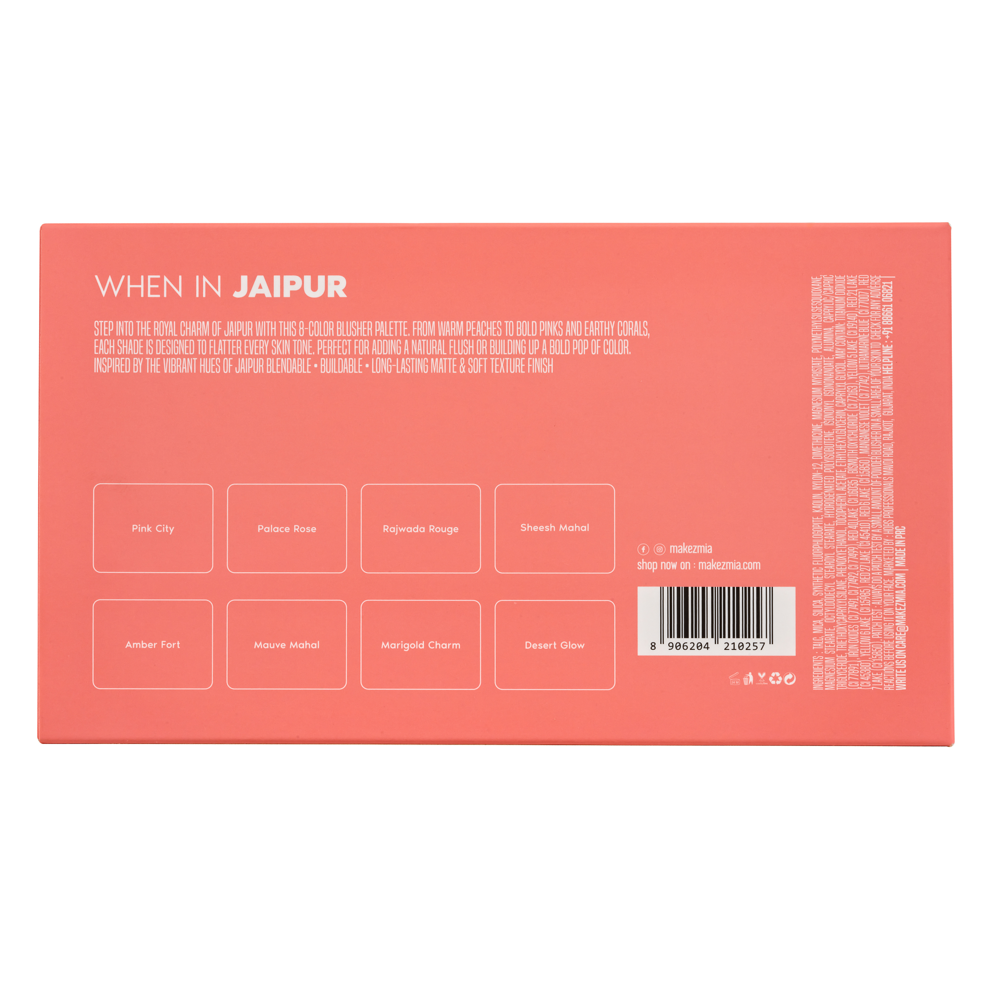 Makezmia When in Jaipur blush palette back packaging